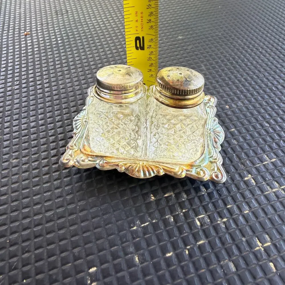 Vintage Silver Plated Salt Pepper Shakers Tray Hong Kong Pressed Glass Set